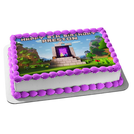 Minecraft Nether Portal Crafting Gaming Steve Edible Cake Topper Image ABPID53215