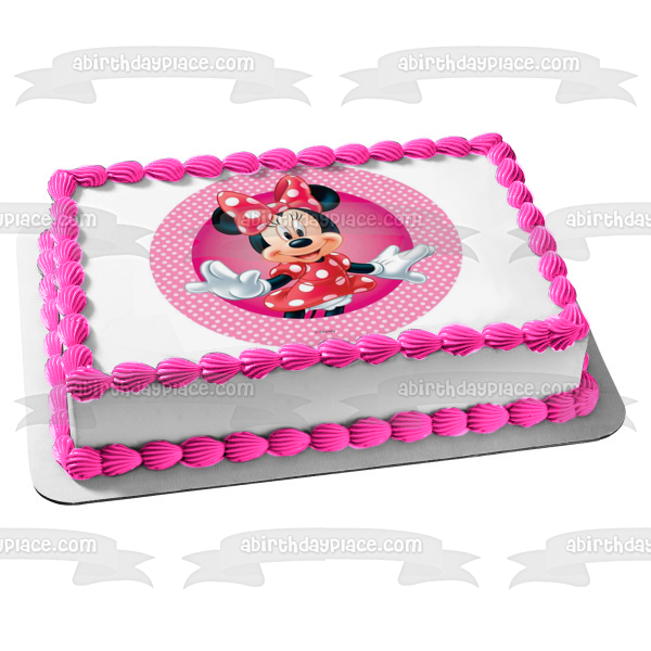 Adorno comestible para tarta con fondo de lunares blancos y rosas de Minnie Mouse de Disney, imagen ABPID21931 