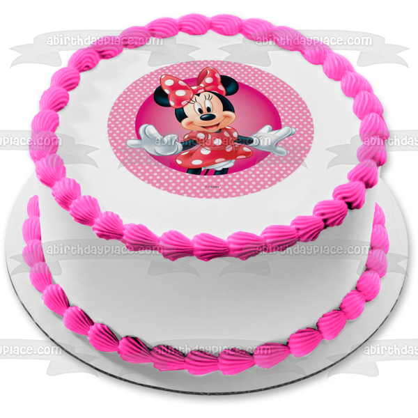 Adorno comestible para tarta con fondo de lunares blancos y rosas de Minnie Mouse de Disney, imagen ABPID21931 