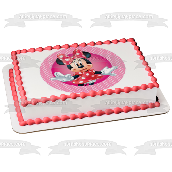 Adorno comestible para tarta con fondo de lunares blancos y rosas de Minnie Mouse de Disney, imagen ABPID21931 