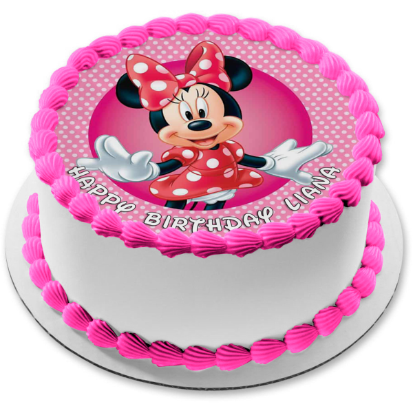 Adorno comestible para tarta con fondo de lunares blancos y rosas de Minnie Mouse de Disney, imagen ABPID21931 