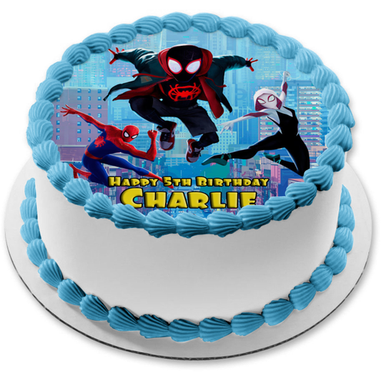 Imagen de decoración comestible para tarta de Miles Morales, Peter Parker y Gwen Spider-Verse ABPID50447 