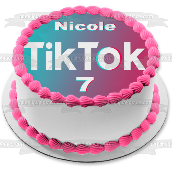 Imagen comestible para decoración de tarta con logotipo de Tik Tok, fondo azul y rosa, ABPID51985 