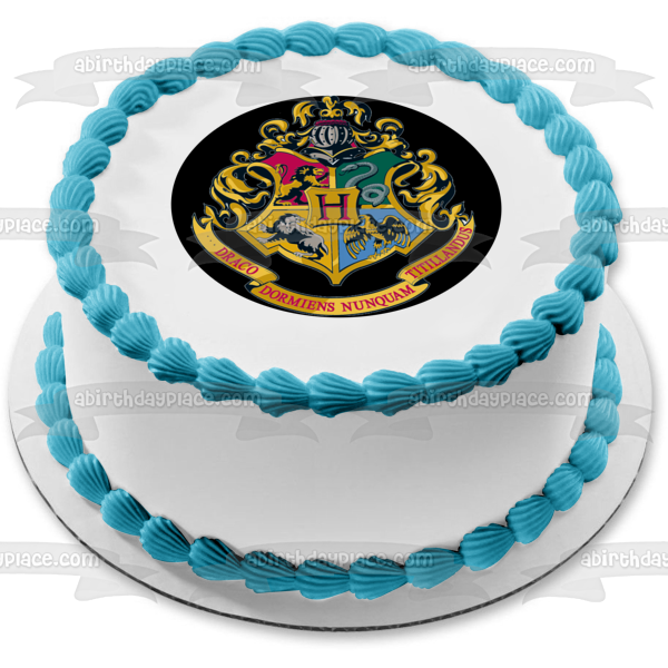 Adorno comestible para tarta con escudo de Hogwarts, león, serpiente, águila y lobo de Harry Potter, imagen ABPID03283 