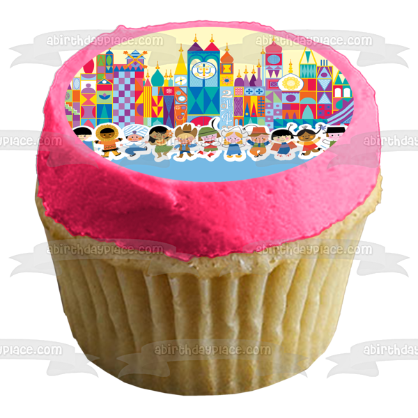 Imagen de decoración comestible para tarta con edificios de dibujos animados de It's a Small World Party ABPID01382 