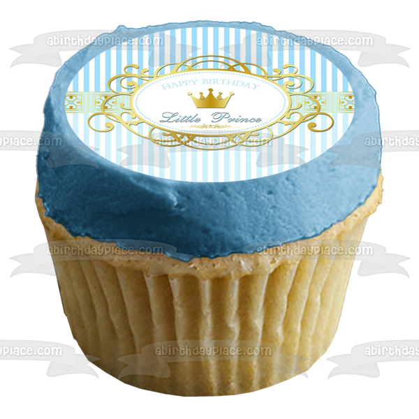 Feliz cumpleaños Principito Corona dorada Fondo de rayas azules y blancas Imagen comestible para decoración de tarta ABPID01393 