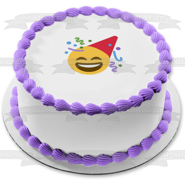 Party Hat Happy Emoji with Streamers Edible Cake Topper Image ABPID01506