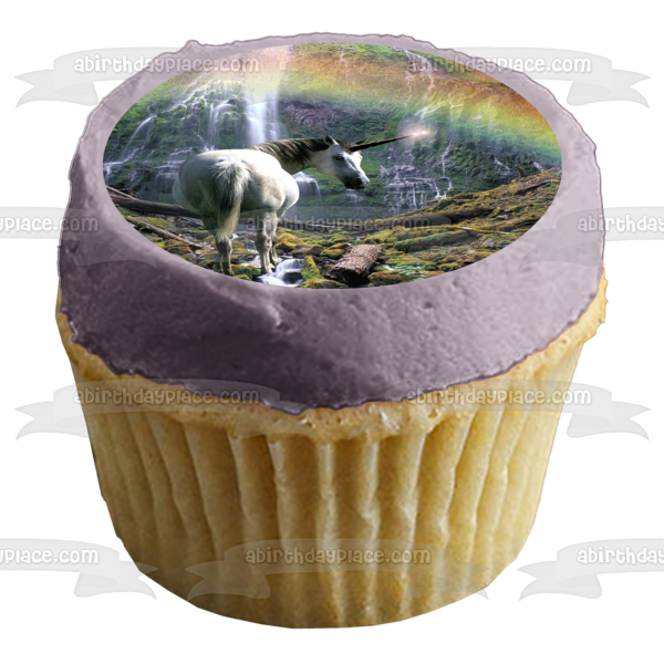 Adorno comestible para tarta con cascada y árboles, arcoíris, unicornio blanco, imagen ABPID01474 