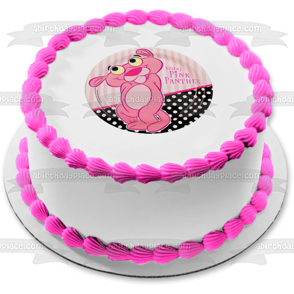 Baby Pink Panther Stripes and a Polka Dots Background Edible Cake Topper Image ABPID01475