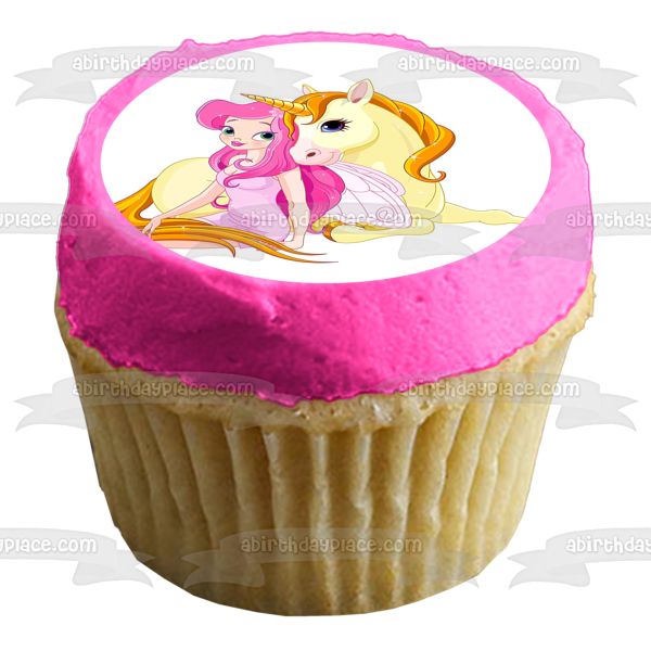 Adorno comestible para tarta con unicornio amarillo y hada rosa, imagen ABPID01813 