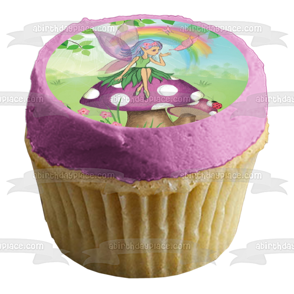 Pixie Fairy Mushroom Rainbow Butterflies Ladybug Edible Cake Topper Image ABPID01620