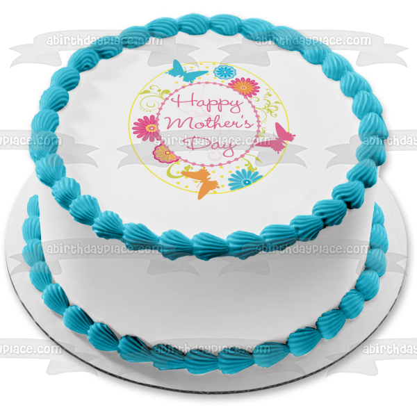 Happy Mother's Day Butterflies and Flowers Edible Cake Topper Image ABPID01635