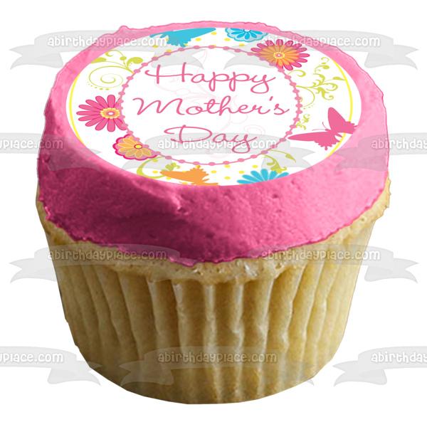 Happy Mother's Day Butterflies and Flowers Edible Cake Topper Image ABPID01635