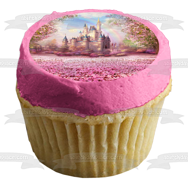 Castle Double Rainbow and Flowers Roses Pink Edible Cake Topper Image ABPID01977