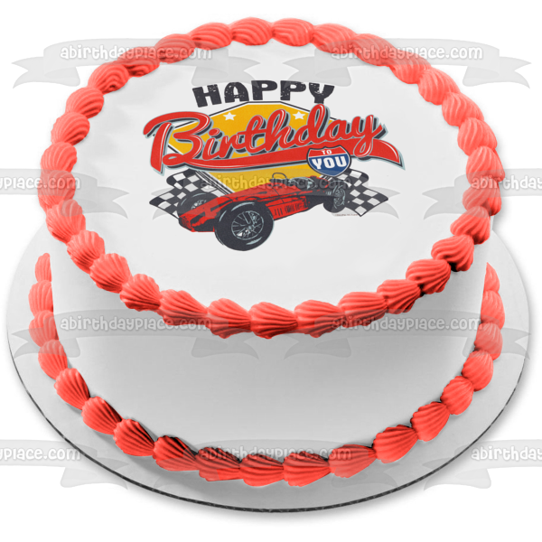 Decoración comestible para tarta con diseño de coche de carreras y banderas a cuadros, imagen ABPID03185 