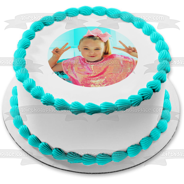 Adorno comestible para tarta con lazo rosa con signos de la paz de Jo Jo Siwa, imagen ABPID49794 