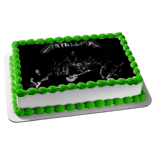 Metallica Rock Band James Hetfield Lars Ulrich Clliff Burton Kirk Hammett Decoración comestible para tarta en blanco y negro Imagen ABPID49819 