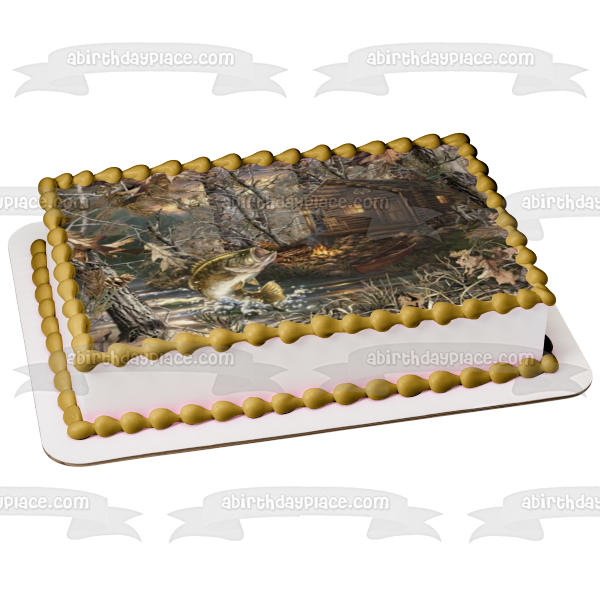 Cabaña de caza, peces saltadores, árboles, camuflaje, decoración comestible para tarta, imagen ABPID49825 