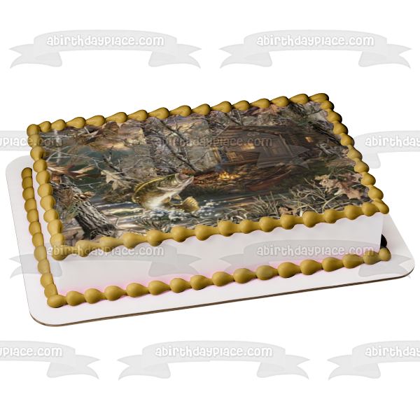 Hunting Cabin Jumping Fish Trees Camouflage Edible Cake Topper