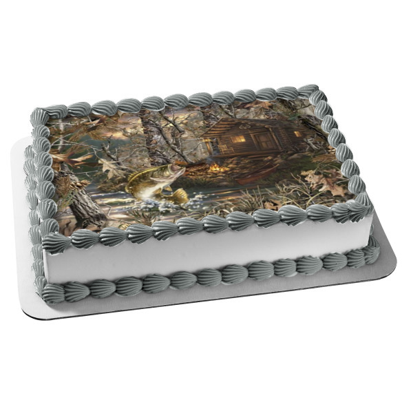 Hunting Cabin Jumping Fish Trees Camouflage Edible Cake Topper Image ABPID49825