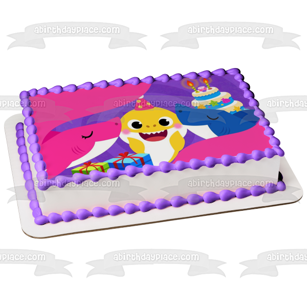 Baby Shark Happy Birthday Mommy Shark Daddy Shark Presents Birthday Cake Edible Cake Topper Image ABPID49836