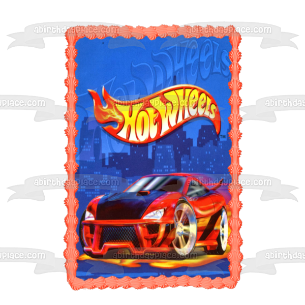 Logotipo de Hot Wheels, coche deportivo rojo, fondo azul, decoración comestible para tarta, imagen ABPID49840 