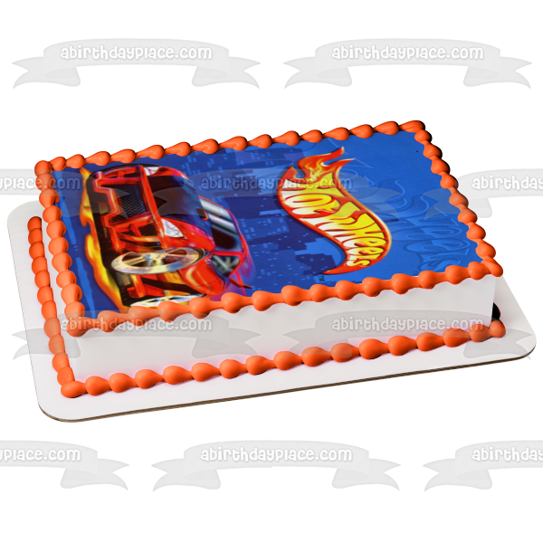 Logotipo de Hot Wheels, coche deportivo rojo, fondo azul, decoración comestible para tarta, imagen ABPID49840 