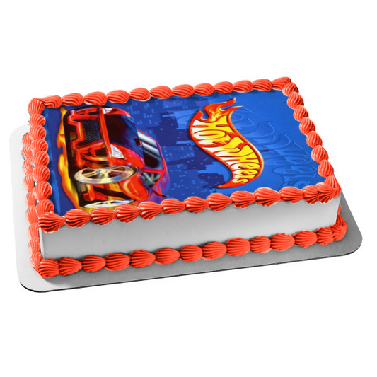 Hot Wheels Logo Red Sports Car Blue Background Edible Cake Topper Image ABPID49840