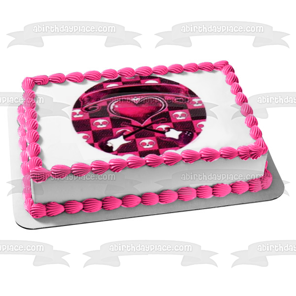 Pink Rockin Hottie Logo Calaveras Guitarras abundantes Imagen comestible para tarta ABPID49866 