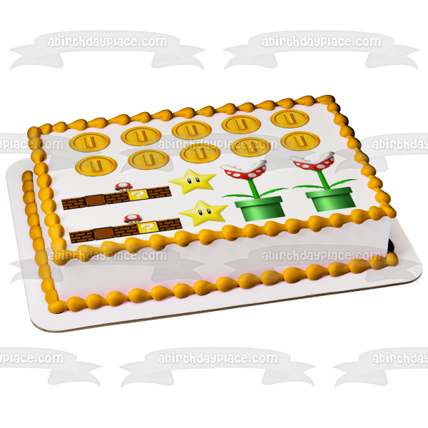 Super Mario Brothers Paredes De Ladrillo Monedas Plantas Estrellas Adorno Comestible Para Pastel Imagen ABPID49892 