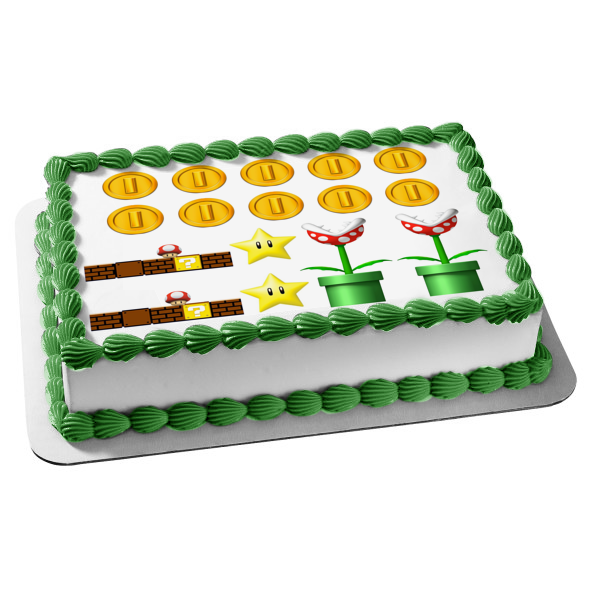 Super Mario Brothers Brick Walls Coins Plants Stars Edible Cake Topper Image ABPID49892