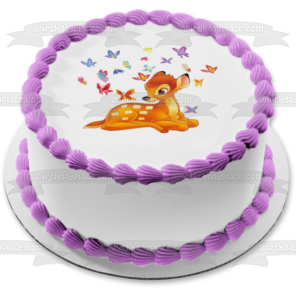 Bambi y mariposas azules, rojas y moradas, decoración comestible para tarta, imagen ABPID03665 