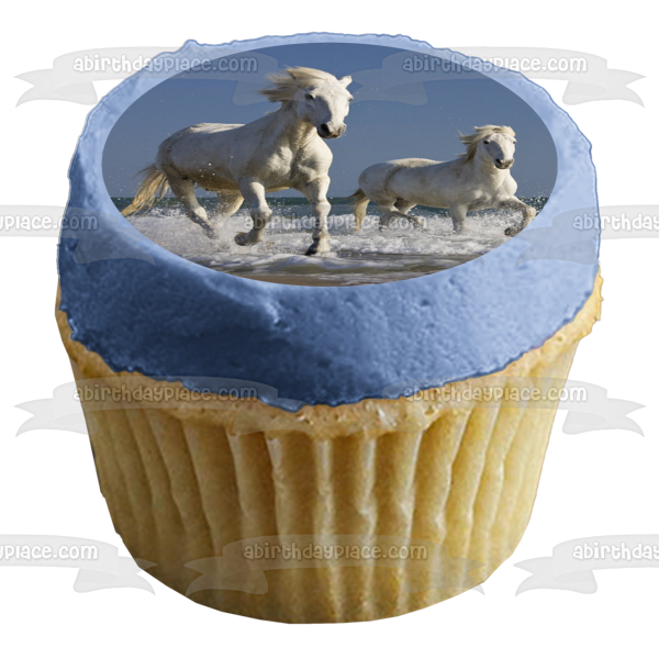 Imagen de decoración comestible para tarta de caballos blancos corriendo en agua ABPID05551 