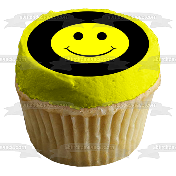 Emoji Smiley Face Black and Yellow Edible Cake Topper Image ABPID05594