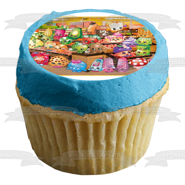 Shopkins Kooky Cookie D'Lish Donut Cupcake Chic Apple Blossom Strawberry Kiss Lippy Lips Scrubs Dippy Avocado Angry Birds Pig Silly Chilie and Chloe Flower Edible Cake Topper Image ABPID03720