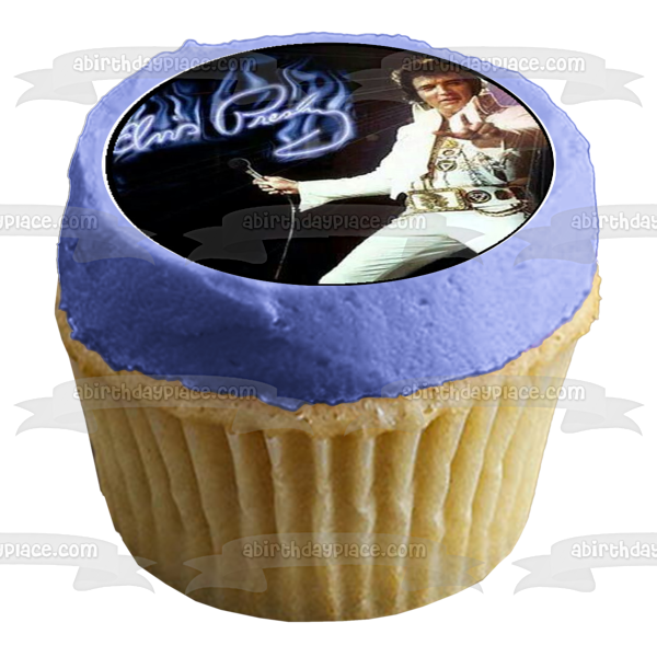 Elvis Presley el Rey Micrófono Música con un fondo negro Imágenes comestibles para cupcakes ABPID01759 