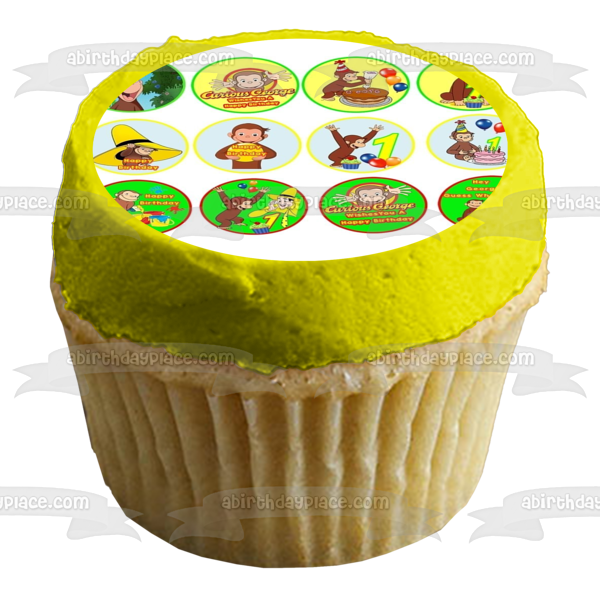 Curious George Happy 1st Birthday Balloons and Cupcakes Edible Cupcake Topper Images ABPID07664