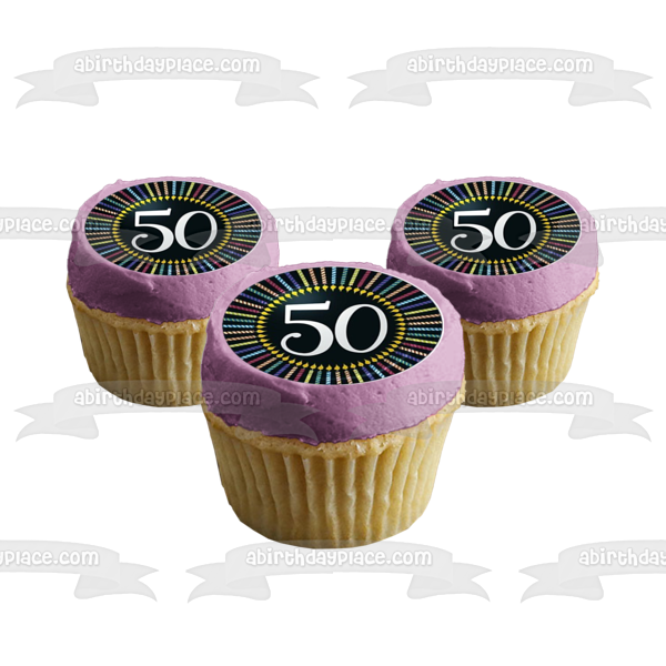 50th Birthday Number Fifty Colorful Spiral Candles Black Background Edible Cupcake Topper Images ABPID09102