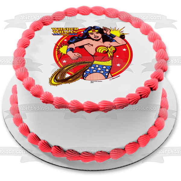 Adorno comestible para tarta de Mujer Maravilla con fondo rojo y estrellas Imagen ABPID05754 