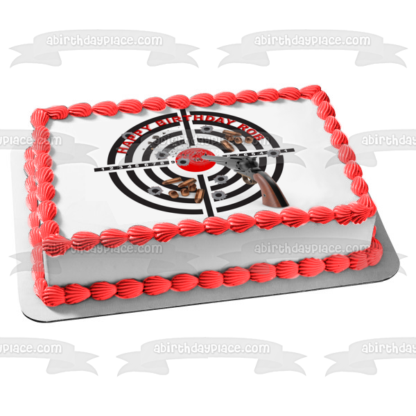 Revolver Gun Target Flying Bullet Happy Birthday Customizable Edible Cake Topper Image ABPID53648