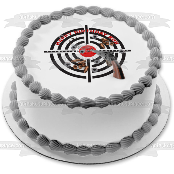 Revolver Gun Target Flying Bullet Happy Birthday Customizable Edible Cake Topper Image ABPID53648