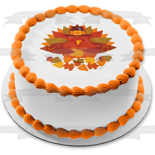 Feliz Día de Acción de Gracias, sombrero de peregrino de pavo y una calabaza, adorno comestible para pastel, imagen ABPID04013 