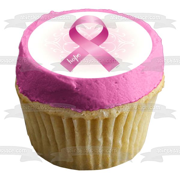 Imagen de decoración comestible para tarta con lazo rosa de concientización sobre el cáncer de mama ABPID06142 