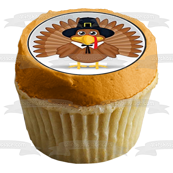 Happy Thanksgiving Turkey Pilgrim Hat Edible Cupcake Topper Images ABPID00131