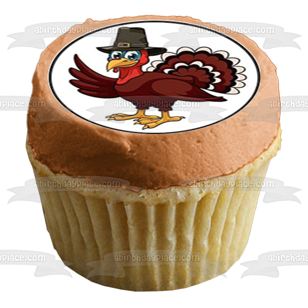 Happy Thanksgiving Turkey Pilgrim Hat Edible Cupcake Topper Images ABPID00131