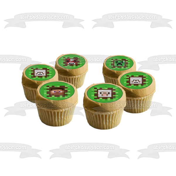 Minecraft Assorted Faces Steve Creeper Ghast Pig Cow Sheep Mooshroom Enderman Edible Cupcake Topper Images ABPID51391