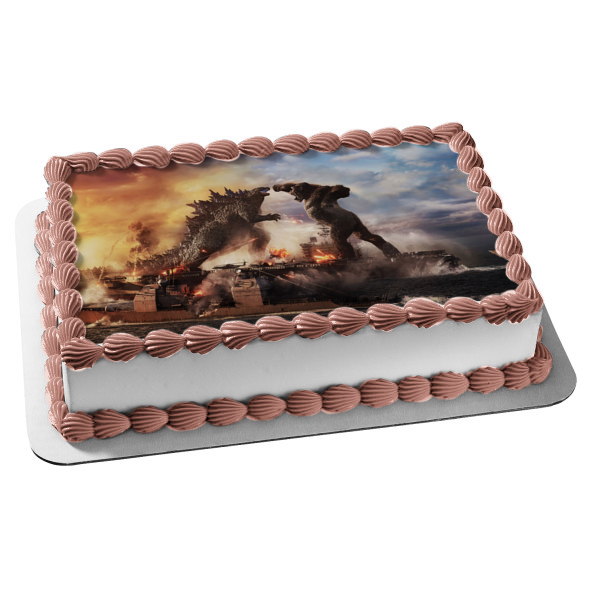 Godzilla Vs. Kong Movie Poster Fight Scene Monsters Edible Cake Topper Image ABPID53708