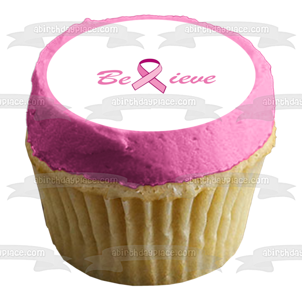 Believe Breast Cancer Awareness Ribbon Pink Edible Cake Topper Image ABPID04380