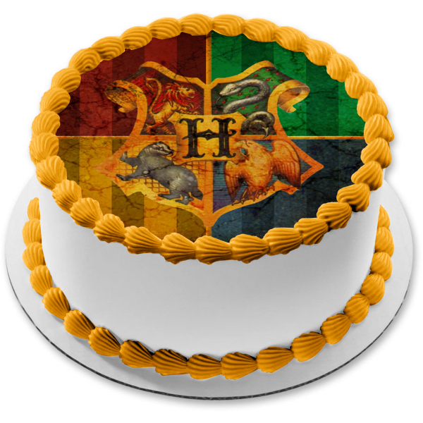 Adorno comestible para tarta con escudo de Harry Potter Hogwarts, león, serpiente, águila y lobo, imagen ABPID06396 