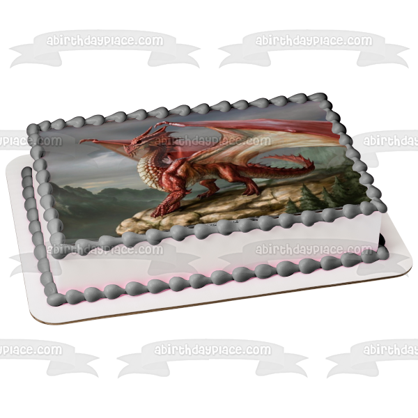 Imagen de adorno comestible para tarta de Dungeons and Dragons, dragón rojo de pie sobre un acantilado, ABPID04481 